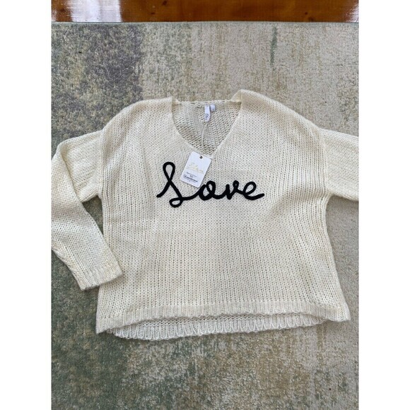 ELAN "Love" Cursive Sweater Ivory Black Lettering Sz Large Boho Beach Cozy Comfy - Picture 2 of 8